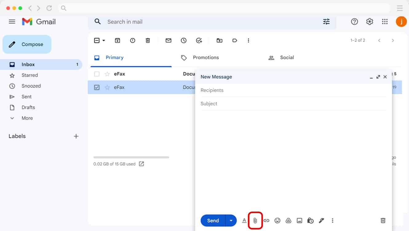 Attach documents in Gmail to fax with eFax