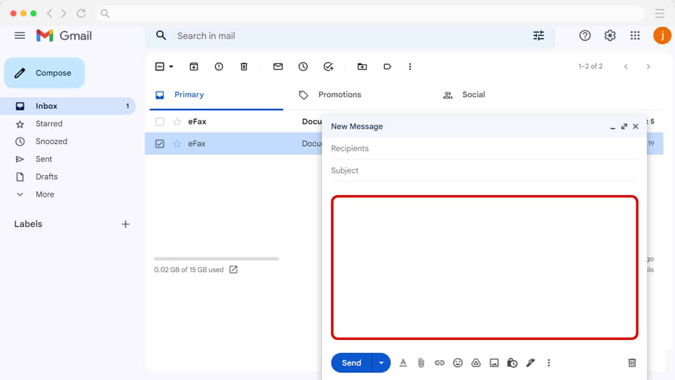 Enter cover page message in Gmail for eFax