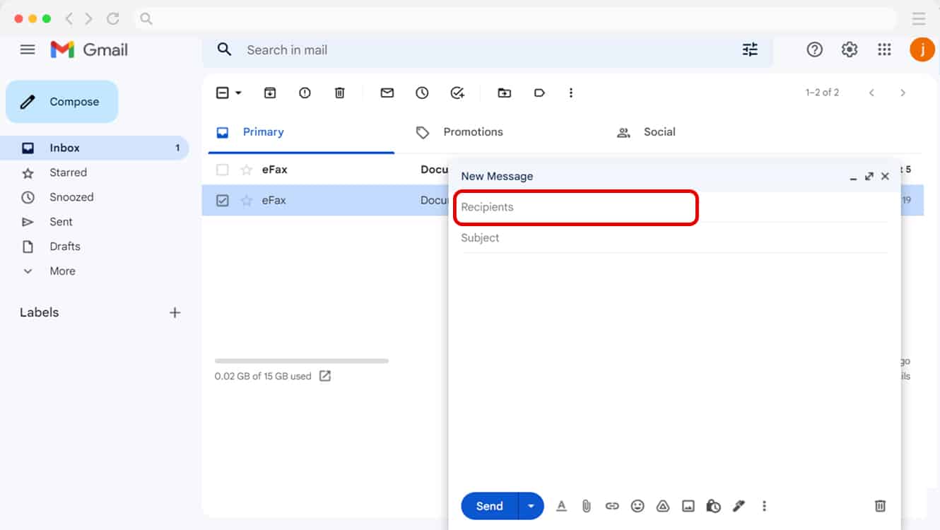 Enter fax recipient in Gmail.