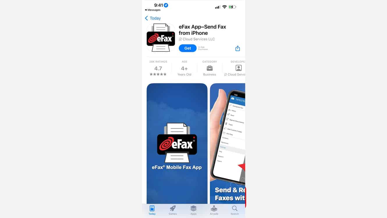 Screenshot of eFax app for iPhone from App store