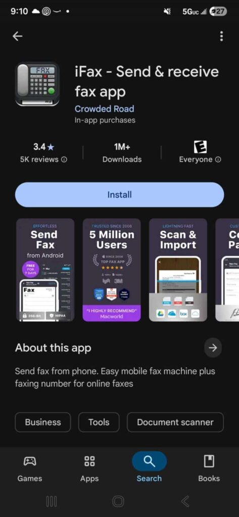 Screenshot of the iFax Android App Store Page