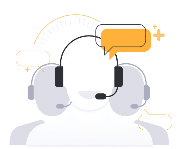 icon of customer support people with headsets and chat bubbles above their head