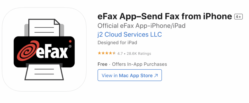 eFax iOS Store app tile and description